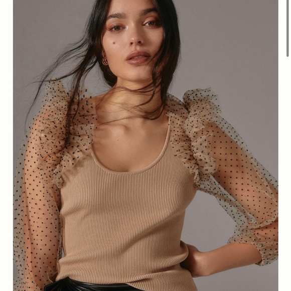Anthropologie neutral top with sheer sleeves - Picture 1 of 7